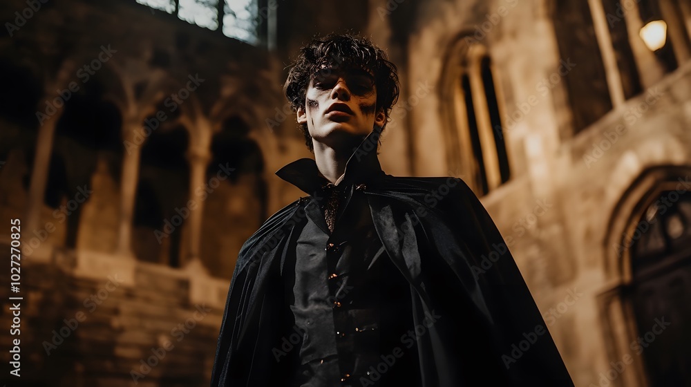 Naklejka premium A young man dressed as a classic vampire, complete with a cape and fangs, standing in a dimly lit castle