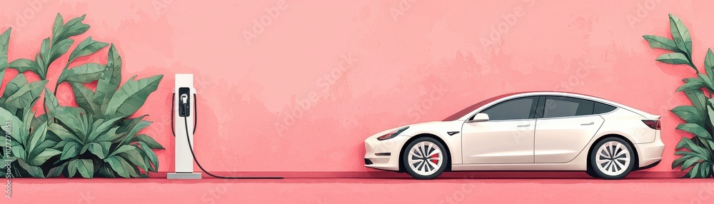 Electric car charging at a modern station surrounded by green plants and a vibrant pink background. Electric car charging at a modern station surrounded by green plants and a vibrant pink background.