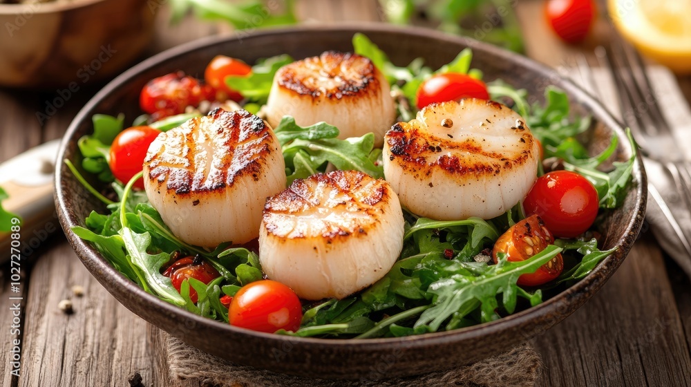 Grilled Scallops with Arugula and Cherry Tomatoes Grilled Scallops with Arugula and Cherry Tomatoes