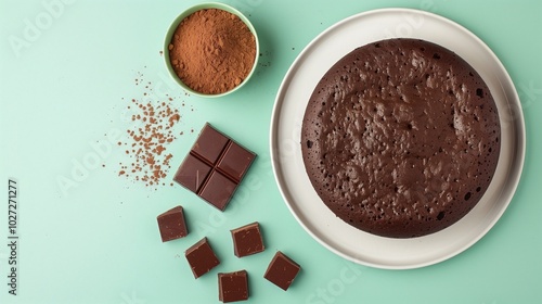 Chocolate on plate cake and chocolate flour on bowl healthy bread snack food on green background