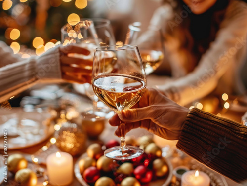 A family New Year celebration at home, with kids playing games, parents toasting, and a beautifully decorated table