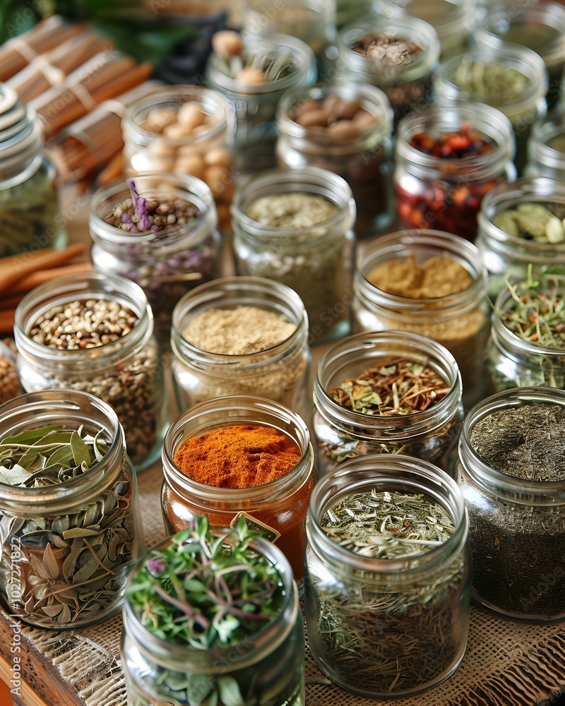 Diverse glass jars filled with dried herbs and spices on rustic wooden table natural product concept with copy space Diverse glass jars filled with dried herbs and spices on rustic wooden table natural product concept with copy space