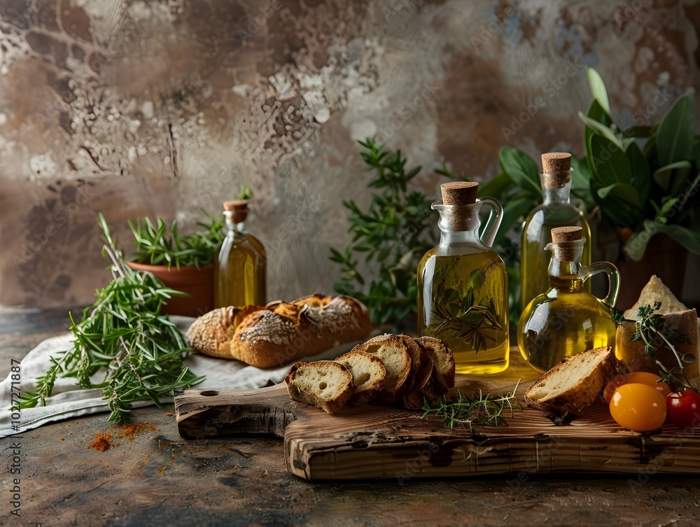 Artisanal Olive Oil and Bread Still Life with Fresh Herbs on Rustic Wooden Table Artisanal Olive Oil and Bread Still Life with Fresh Herbs on Rustic Wooden Table