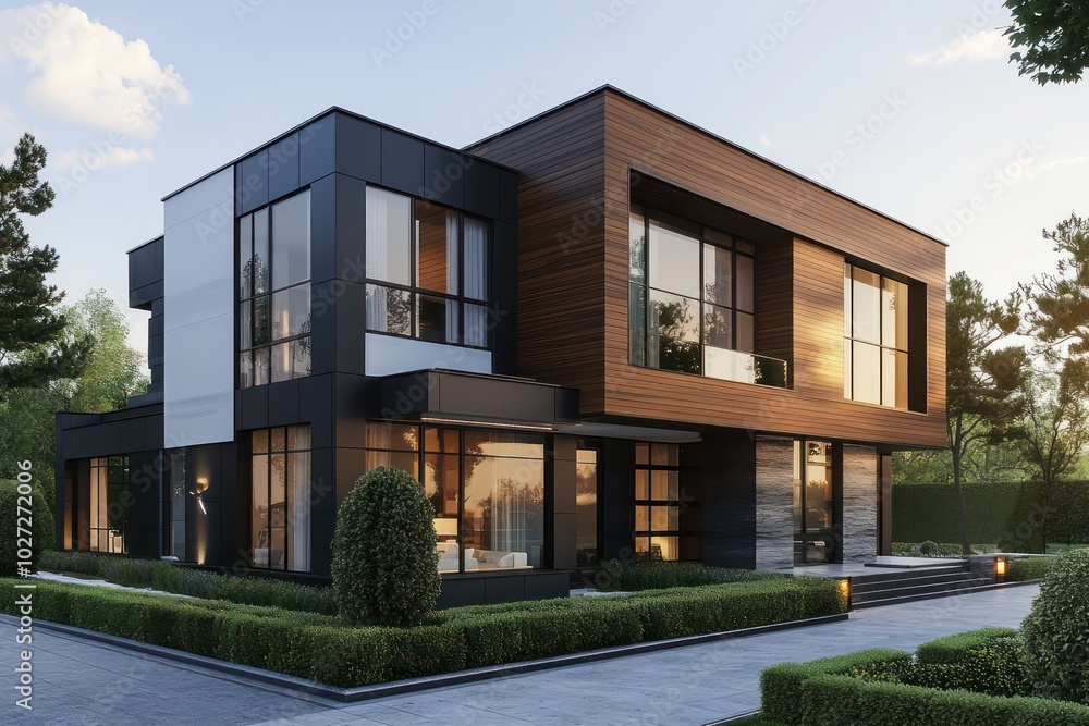 Luxurious urban house with sleek wood detailing, large windows, and a contemporary black and white facade Luxurious urban house with sleek wood detailing, large windows, and a contemporary black and white facade