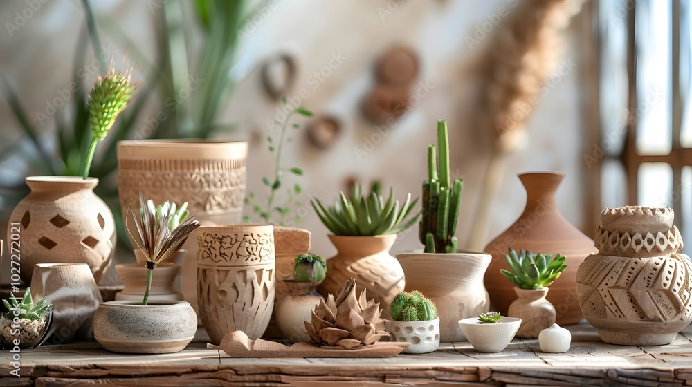 Natural Wood Carvings Decorate a Table with Handmade Pottery and Potted Plants in Cozy Home Setting Natural Wood Carvings Decorate a Table with Handmade Pottery and Potted Plants in Cozy Home Setting