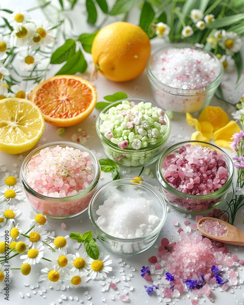 Assortment of Natural Bath Salts and Scrubs Surrounded by Floral and Citrus Accents on Tabletop Assortment of Natural Bath Salts and Scrubs Surrounded by Floral and Citrus Accents on Tabletop