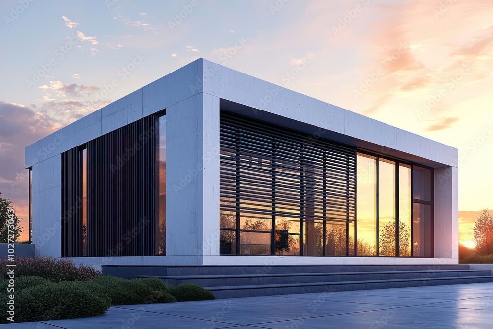 Modern architectural illustration of a white concrete house with black wood slats, large windows, and gray metal accents at sunset Modern architectural illustration of a white concrete house with black wood slats, large windows, and gray metal accents at sunset
