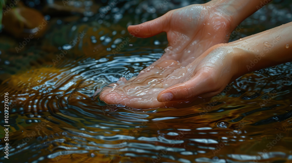 Fototapeta premium woman's hand holding water in a naturally fresh flowing mountain river