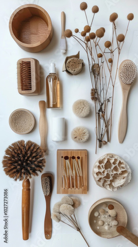 A flat lay of sustainable beauty items paired with raw, natural materials like wood and bamboo