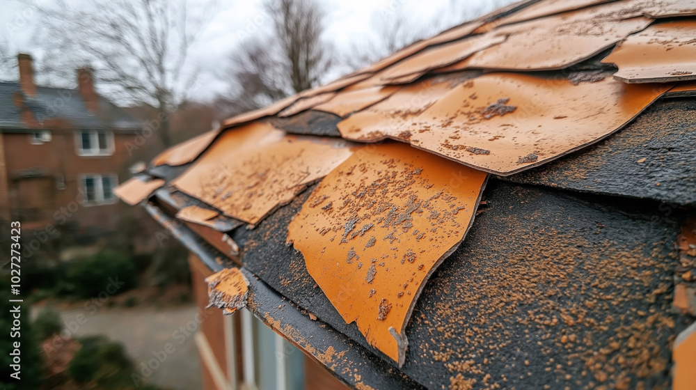 Φωτογραφία Close-up of weathered and rusted orange metal roofing tiles with a blurred view of houses and trees in the background