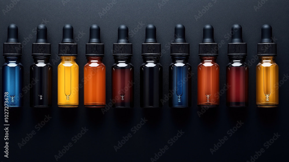 Row of nine glass dropper bottles with colorful liquids on a dark textured background, featuring black caps and varied colors including blue, orange, and yellow. Row of nine glass dropper bottles with colorful liquids on a dark textured background, featuring black caps and varied colors including blue, orange, and yellow.