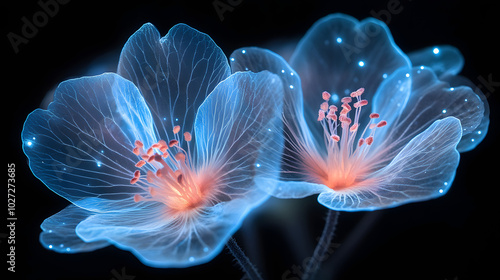 A Photo of Bioluminescent Flowers Glowing in Blue and Purple Hues, Illuminating the Dark Environment with an Ethereal Glow, Capturing the Beauty of Nature’s Rare Phenomena, and Highlighting the Magica