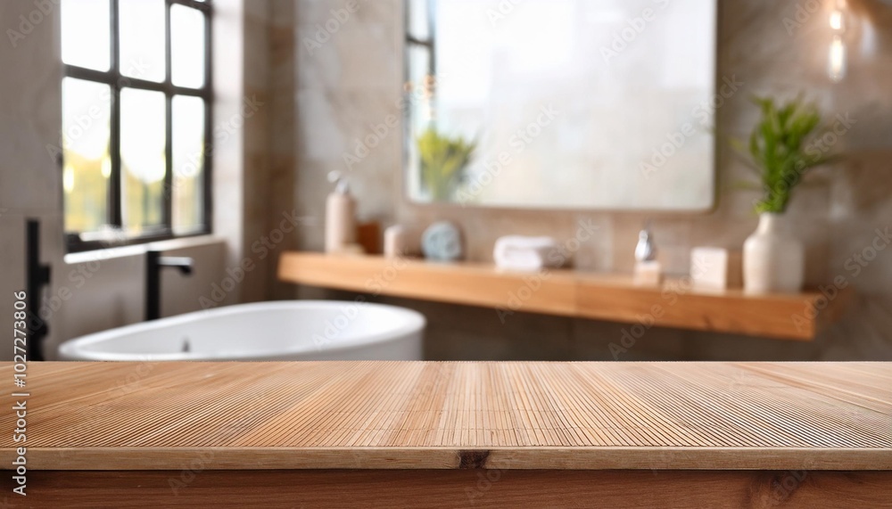 Showcase your products in a modern and stylish setting: A wooden table in a contemporary bathroom, featuring clean lines and a natural wood finish Showcase your products in a modern and stylish setting: A wooden table in a contemporary bathroom, featuring clean lines and a natural wood finish