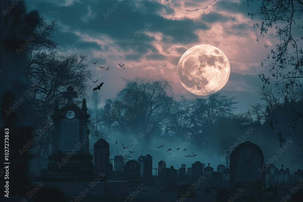 A full moon shining over a spooky graveyard, with bats flying and dark silhouettes of trees in the distance. A full moon shining over a spooky graveyard, with bats flying and dark silhouettes of trees in the distance.