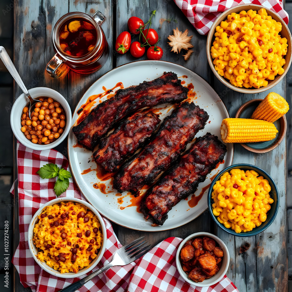 Overhead shot of American BBQ spread with ribs, corn on the cob, baked beans, mac and cheese, on a gingham tablecloth Overhead shot of American BBQ spread with ribs, corn on the cob, baked beans, mac and cheese, on a gingham tablecloth