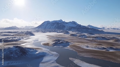Majestic Icelandic Landscape with Frozen Lake and Towering Mountains