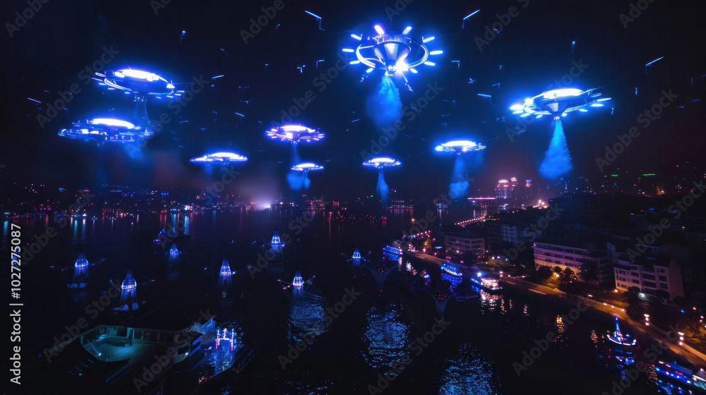 A futuristic New Year light show with synchronized drones creating patterns in the night sky, celebrating with high-tech brilliance A futuristic New Year light show with synchronized drones creating patterns in the night sky, celebrating with high-tech brilliance