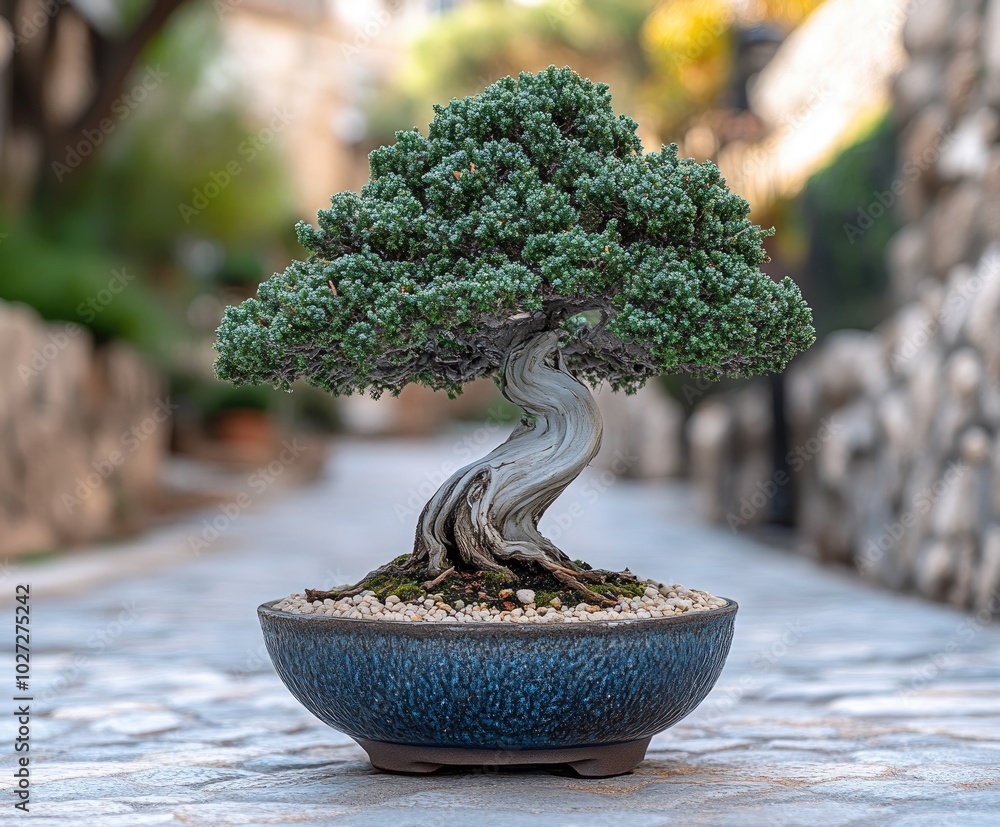Small bonsai tree standing on stone pavement Small bonsai tree standing on stone pavement