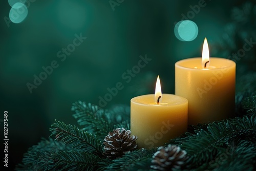 Burning green candles creating festive christmas atmosphere with pine branches and pine cones