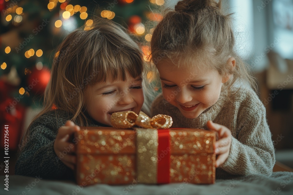 Boy giving christmas present to sister smiling by xmas tree Boy giving christmas present to sister smiling by xmas tree