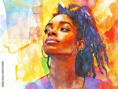 expressive black woman illustrated in a watercolor style, showcasing her vibrant personality and cultural identity amidst a colorful, artistic background photo