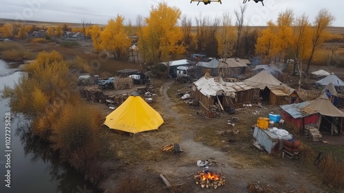 Aerial View of Rustic Outdoor Camping Site in Autumn Landscape photo