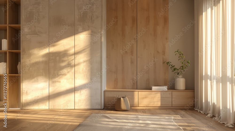 Interior of modern living room with wooden walls, wooden floor, bookcase and window. Interior of modern living room with wooden walls, wooden floor, bookcase and window.