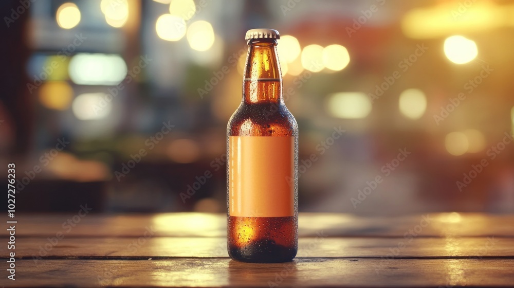 A Single Beer Bottle with a Blank Label on a Wooden Table A Single Beer Bottle with a Blank Label on a Wooden Table