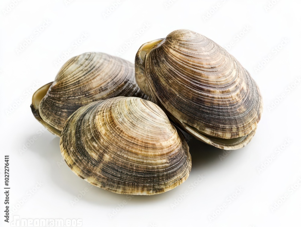 fresh clams neatly presented against a pure white background, highlighting their natural beauty and culinary potential in a clean, appetizing composition fresh clams neatly presented against a pure white background, highlighting their natural beauty and culinary potential in a clean, appetizing composition