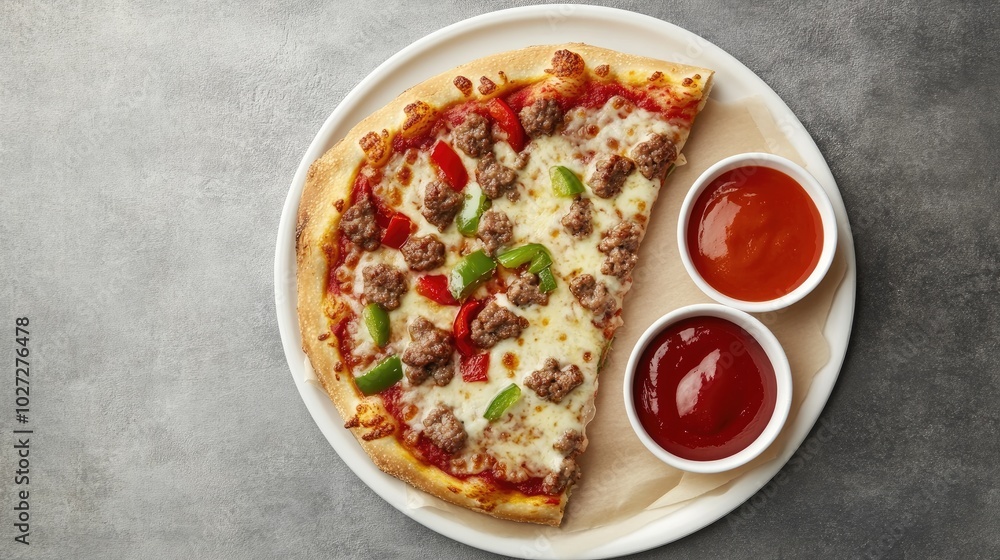 Delicious Slice of Pizza with Sauces on Gray Background Delicious Slice of Pizza with Sauces on Gray Background