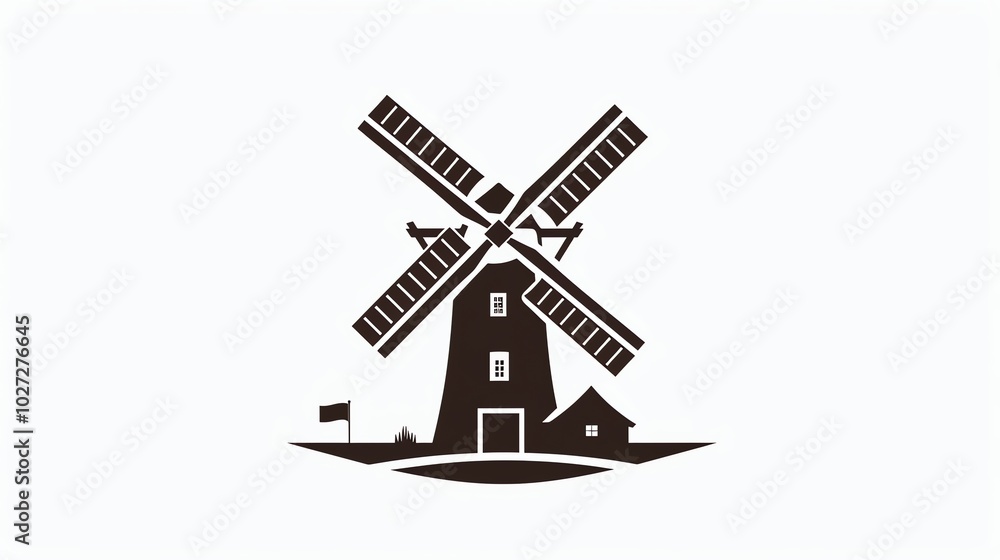 A silhouette of a windmill with a small house at the base. A silhouette of a windmill with a small house at the base.