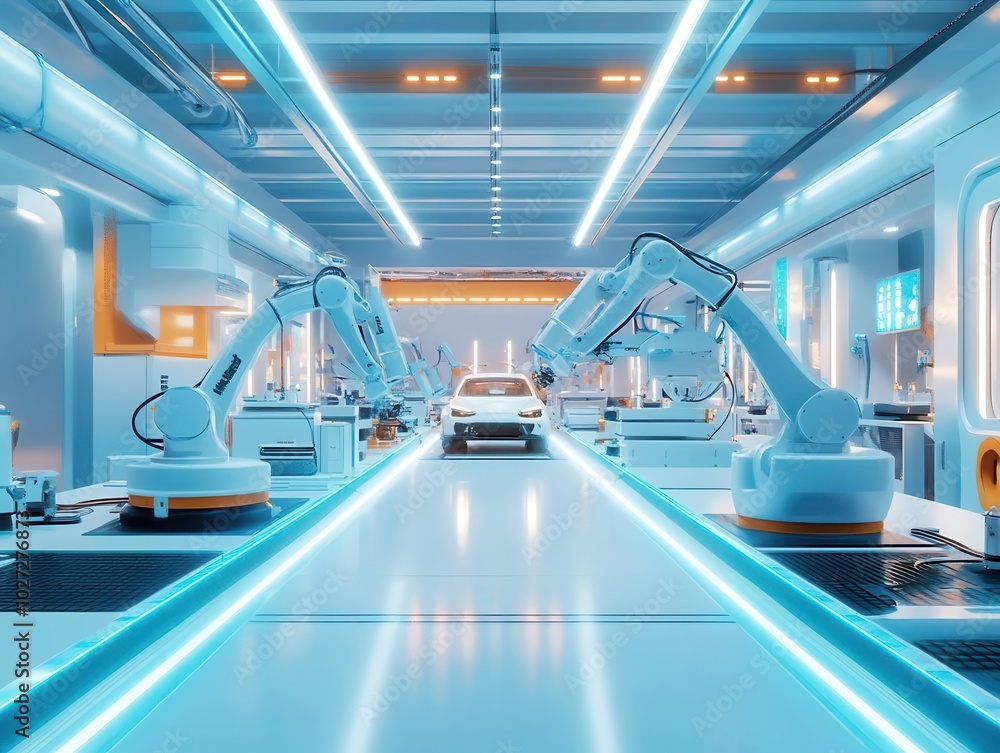 Fototapeta premium futuristic digital factory showcasing automated robotic arms on assembly lines manufacturing high-tech green energy electric vehicles, with a high-tech workspace illuminated by soft blue light
