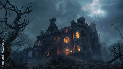 A grand, dilapidated haunted mansion on a hill, with glowing windows and stormy skies above, surrounded by dead trees. photo