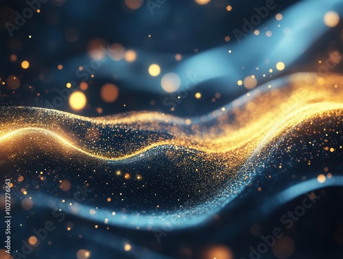 futuristic abstract background with glowing gold and blue waves, pulsating with energy, complemented by dynamic bokeh lights, creating an immersive visual experience