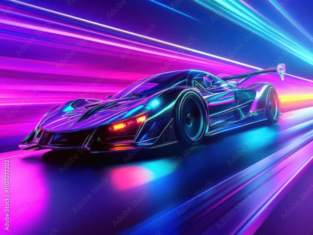 futuristic sports car racing down a neon-lit highway, leaving colorful light trails in its wake, capturing the essence of speed and modernity in a dynamic, high-energy atmosphere with vivid colors futuristic sports car racing down a neon-lit highway, leaving colorful light trails in its wake, capturing the essence of speed and modernity in a dynamic, high-energy atmosphere with vivid colors