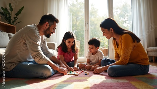 Cozy Family Time: Capturing a moment of togetherness as a family enjoys a game together in a warm, inviting living room.