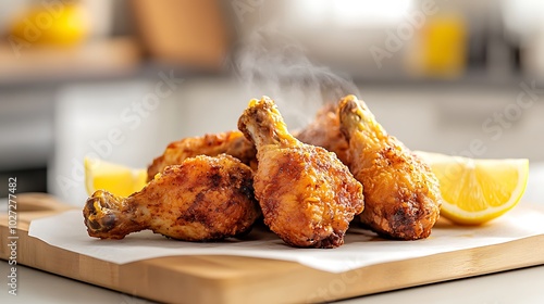 Fototapeta Naklejka Na Ścianę i Meble -  Fried chicken pieces on a cutting board, with lemon wedges and hot sauce, steam rising in a cozy kitchen setting.