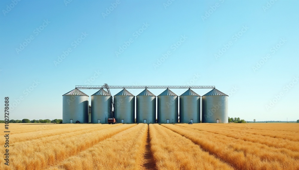 Agricultural silos in a golden wheat field under a clear blue sky Agricultural silos in a golden wheat field under a clear blue sky