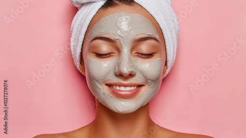 Facial Clay Care. Young Woman Happily Smiling with Homemade Clay Mask, Wrapped in Towel against Pink Background