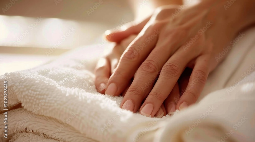 Gentle Hands Resting on Soft Towels Gentle Hands Resting on Soft Towels