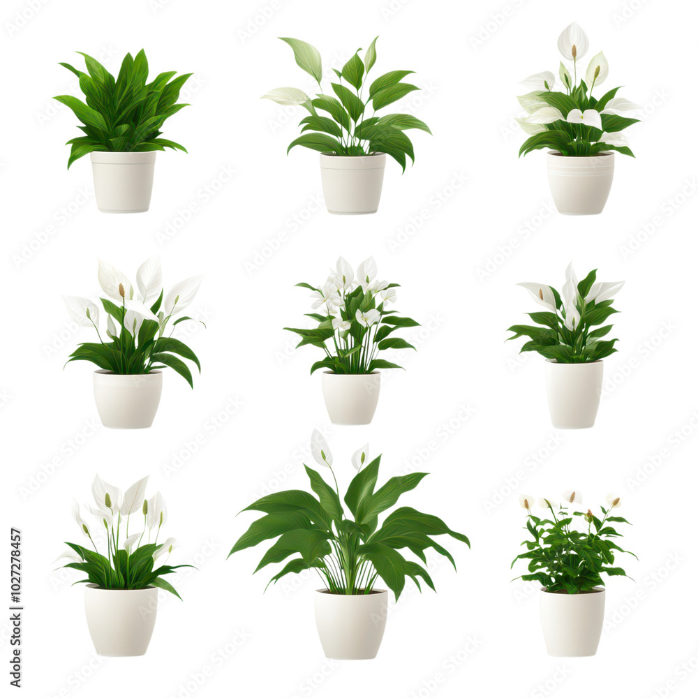 Beautiful collection of peace lilies in elegant ceramic pots, perfect for enhancing any indoor space. Beautiful collection of peace lilies in elegant ceramic pots, perfect for enhancing any indoor space.