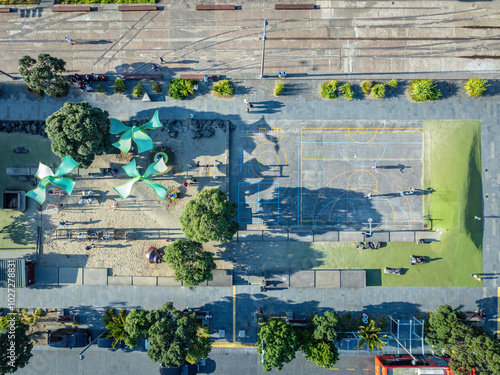 Aerial: Top down shot of Silo park in Wynyard quarter, Auckland, New Zealand photo