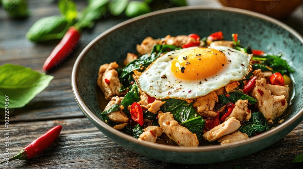 Delicious Chicken and Spinach Stir-Fry Bowl with Egg Delicious Chicken and Spinach Stir-Fry Bowl with Egg