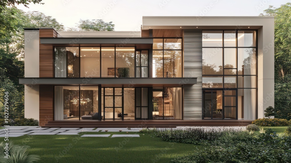 Modern house with a neutral palette, featuring large windows, wood accents, and clean lines in an elegant urban setting Modern house with a neutral palette, featuring large windows, wood accents, and clean lines in an elegant urban setting