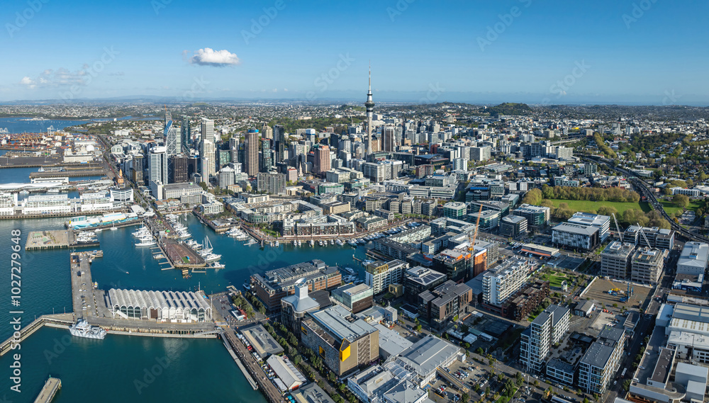 Obraz premium Aerial: Wynyard quarter looking back towards Auckland city, New Zealand