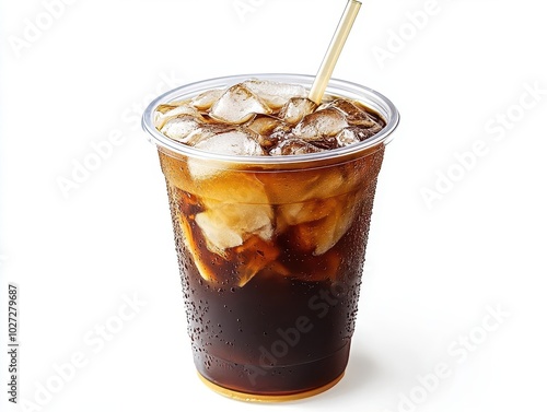 iced coffee in a clear plastic takeaway glass, showcasing refreshing layers of coffee and ice, isolated against a crisp white background, embodying summer and convenience in beverage form