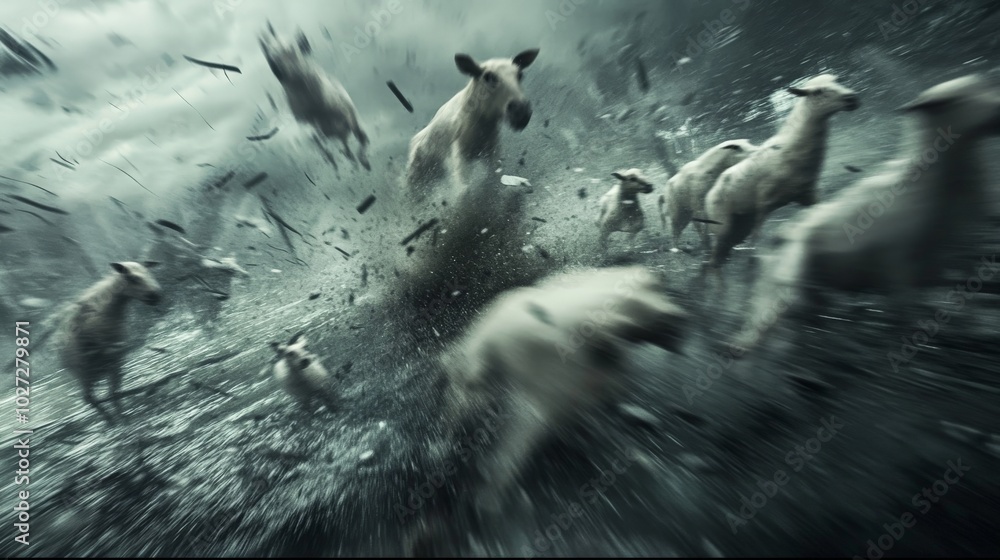 Obraz premium Stampede of Majestic Horses Charging Through a Stormy Landscape