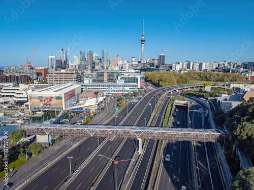 Aerial: Westhaven marina looking back to Auckland city, New Zealand photo