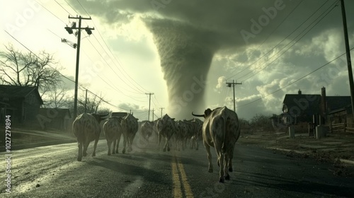 Ominous Tornado Approaching Rural Landscape with Cattle photo