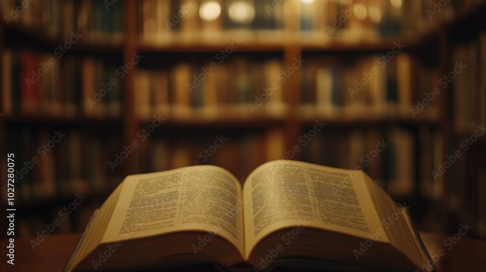 An Open Book in a Library Setting with a Blurry Bookshelf Background An Open Book in a Library Setting with a Blurry Bookshelf Background